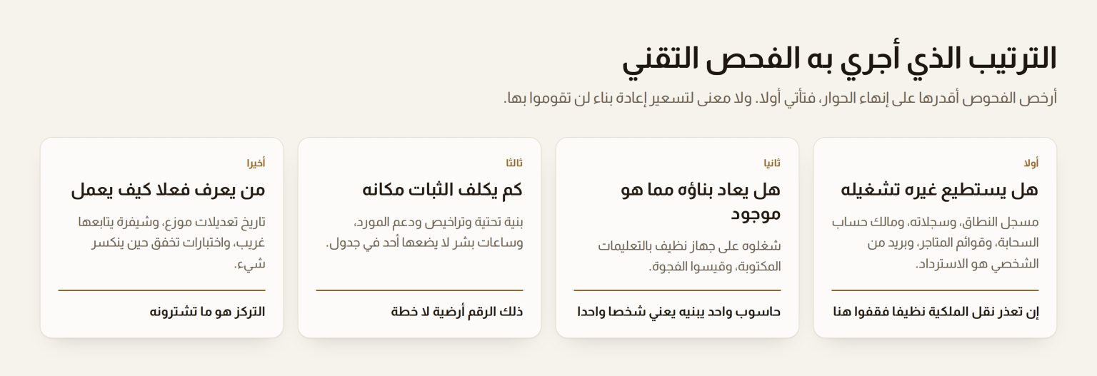 أربع بطاقات تبين ترتيب الفحص التقني: هل يستطيع غيره تشغيله، وهل يعاد بناؤه، وكم يكلف الثبات مكانه، ومن يعرف فعلا كيف يعمل