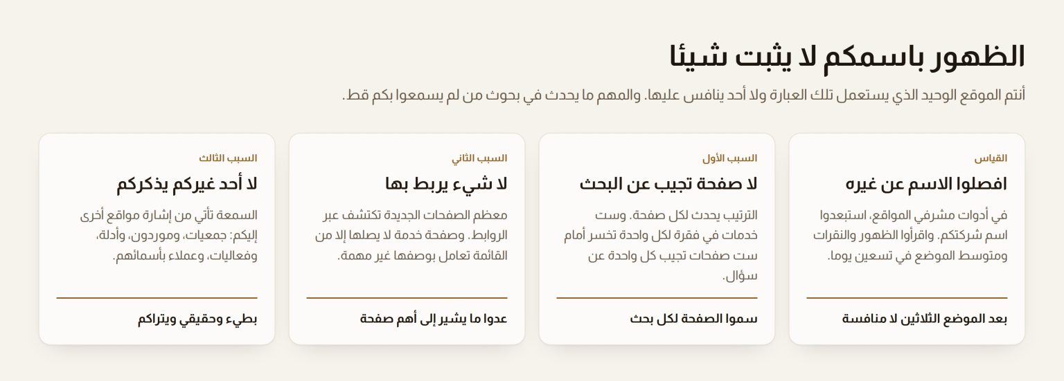 أربع بطاقات تفصل البحث بالاسم عن البحث بغير الاسم وتسمي الأسباب الثلاثة لظهور الموقع باسمه فقط
